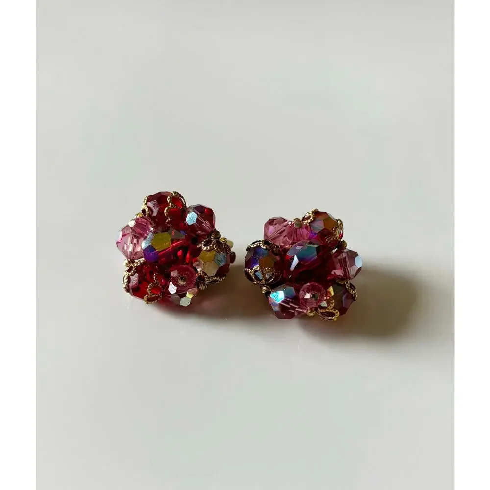 Vintage Cluster Jewel Clip On Earrings Red